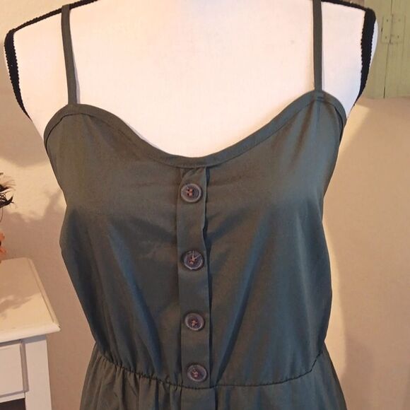 Olive Green Midi Slip Dress with Elastic Ruched Back. Coastal Cowgirl, Akubi - Picture 3 of 14
